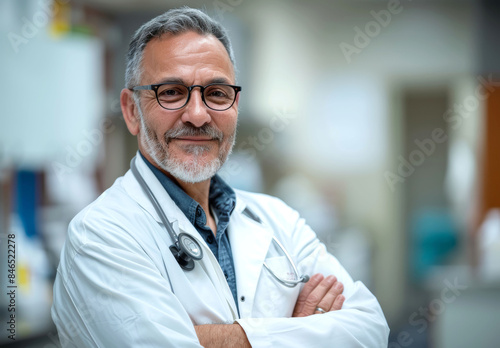 Confident middle-aged doctor with stethoscope and glasses in white coat, standing in a hospital