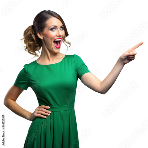 Excited woman in green dress pointing on transparent background photo