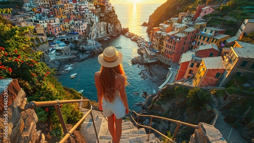 A woman wearing a straw hat stands on a staircase overlooking a beautiful city