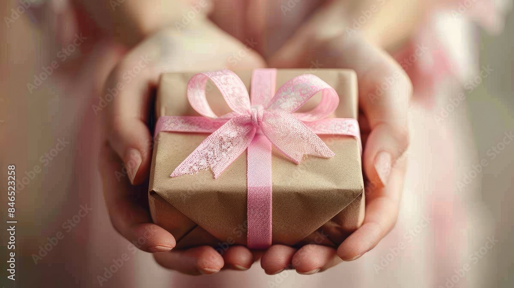A close-up of hands holding a wrapped birthday gift with a bow A close-up of hands holding a wrapped birthday gift with a bow