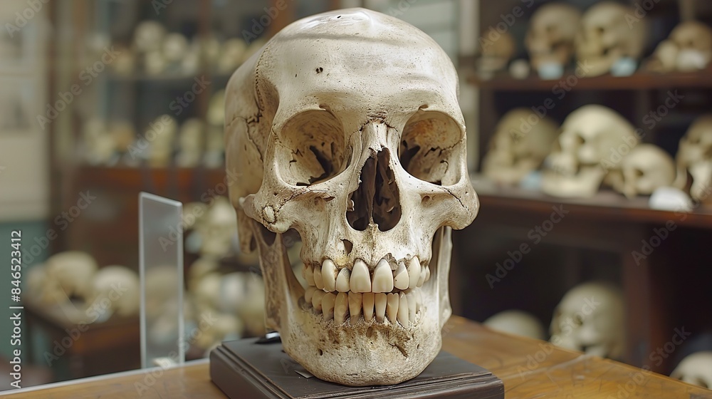 A human skull is on display in a laboratory, surrounded by other skulls A human skull is on display in a laboratory, surrounded by other skulls