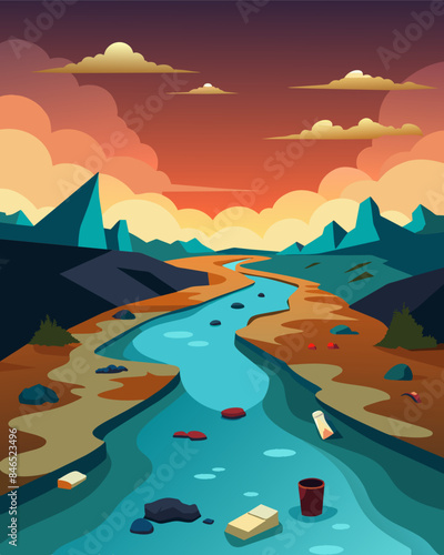 The oncepristine river now resembles a toxic wasteland with trash as far as the eye can see.. Vector illustration
