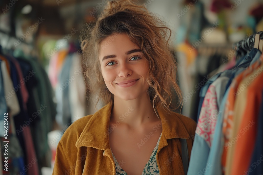Woman in mustard jacket with curly hair smiles while browsing at a thrift shop Woman in mustard jacket with curly hair smiles while browsing at a thrift shop