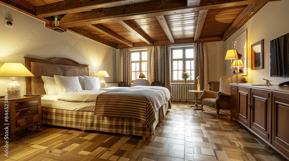 Wooden bedroom In Modern luxury house. Generative Ai Wooden bedroom In Modern luxury house. Generative Ai