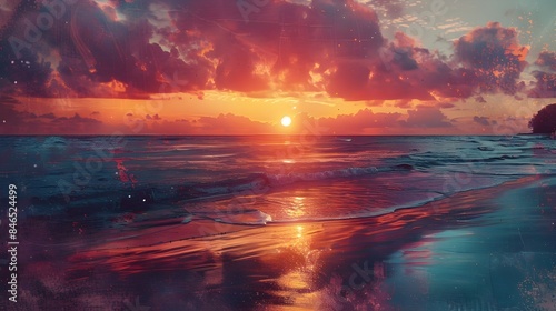 Breathtaking Watercolor Style Sunset Over Secluded Beach with Warm Colors and Serene Waves