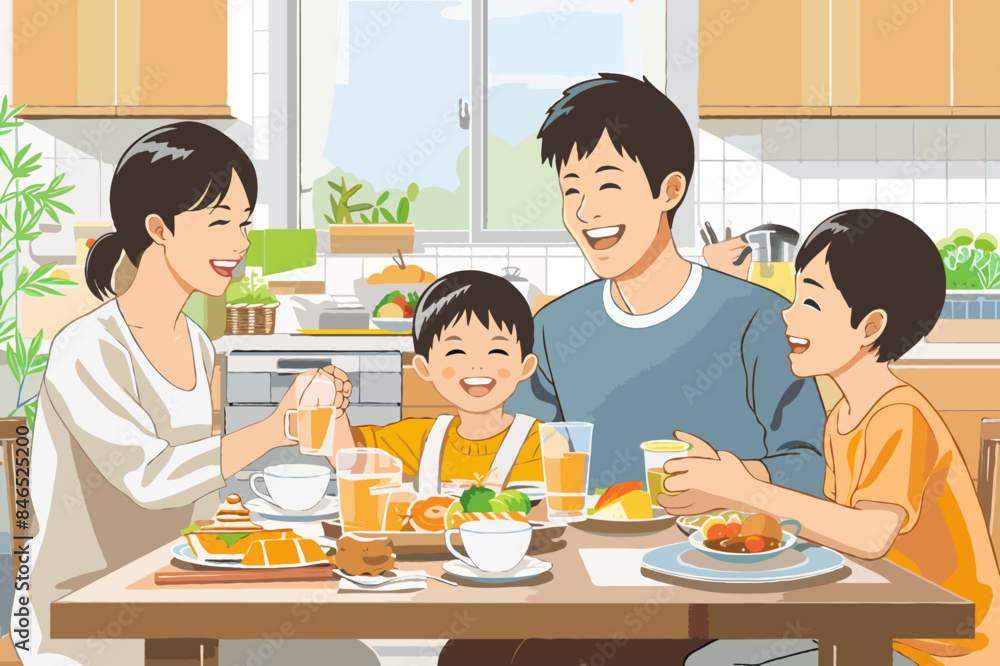 Happy Asian family enjoying breakfast together at home in modern kitchen, smiling and bonding over fresh food and drinks, creating warm family moments and joyful morning routines Happy Asian family enjoying breakfast together at home in modern kitchen, smiling and bonding over fresh food and drinks, creating warm family moments and joyful morning routines
