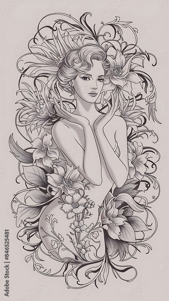 Black and White Beautiful Line Art Floral Woman Black and White Beautiful Line Art Floral Woman