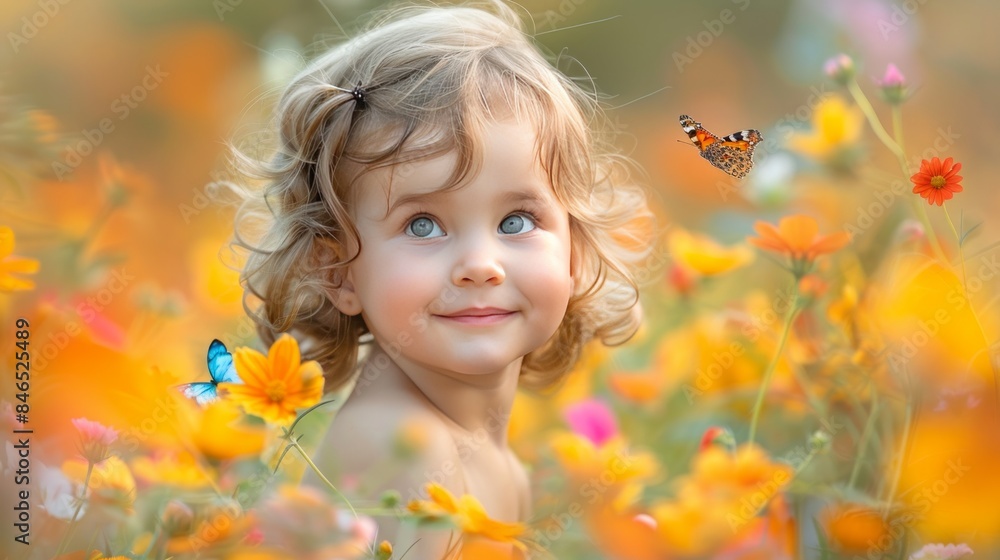A joyous child in a flowerfilled field with butterflies symbolizes innocence and harmony with nature A joyous child in a flowerfilled field with butterflies symbolizes innocence and harmony with nature