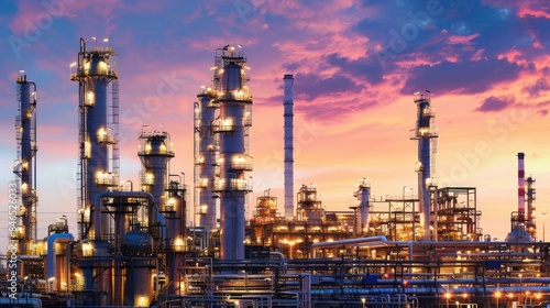 Wallpaper Mural Oil refinery with extensive piping and towers at dusk Torontodigital.ca