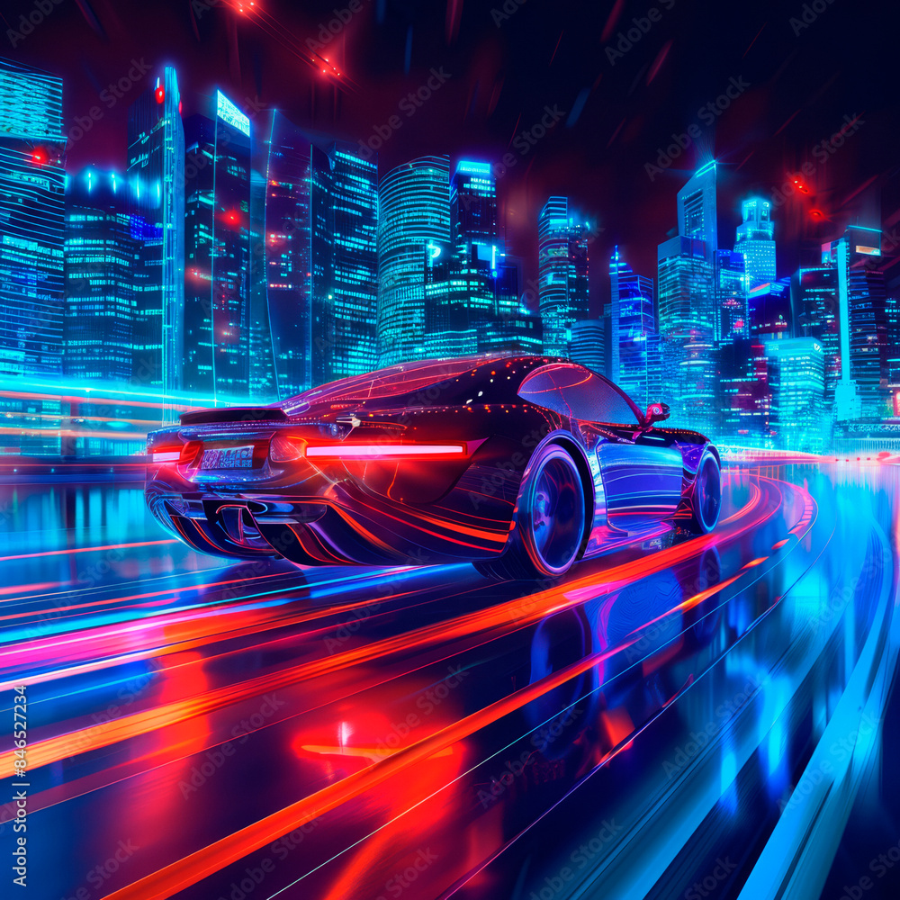 Rear view of futuristic car high speed through neon mega cyber city background, motion blur effect. Rear view of futuristic car high speed through neon mega cyber city background, motion blur effect.