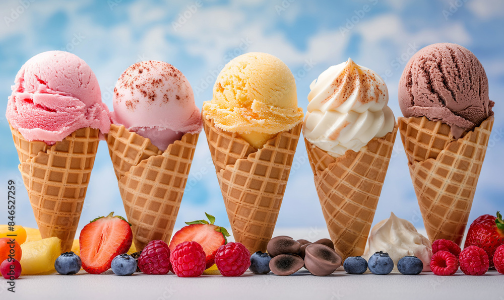 A variety of ice cream scoops in cones with chocolate, vanilla and strawberries against a blue sky background. Tasty ice cream in waffle cone. A variety of ice cream scoops in cones with chocolate, vanilla and strawberries against a blue sky background. Tasty ice cream in waffle cone.