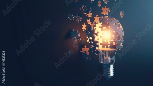 3D lightbulb with puzzle pieces falling into place on a dark blue background