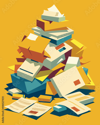 Piles of old newspapers yellowed and brittle with age clutter every corner of a hoarders home.. Vector illustration