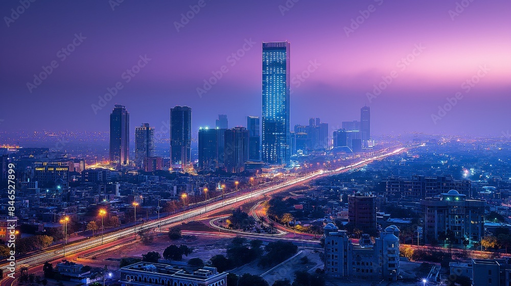 Fototapeta premium The KAFD buildings in Riyadh, Saudi Arabia, are particularly striking during blue hour.