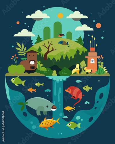 The once diverse and thriving ecosystem is now reduced to a few struggling species unable to survive in the polluted environment.. Vector illustration