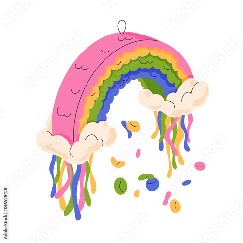 Pinata decoration, paper rainbow. Traditional Mexican decorative toy for Cinco de Mayo celebration. Festive colorful ribbon decor with candies. Flat vector illustration isolated on white background