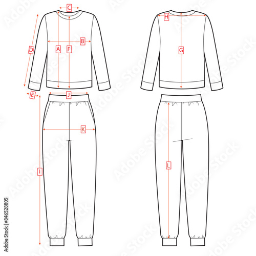 Sport suits measurements, front and back sketch