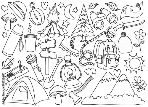 Cute camping and hiking elements doodle set.