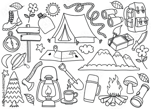 Cute camping and hiking elements doodle set.