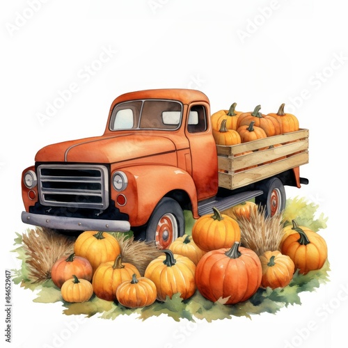 A classic red pickup truck, filled to the brim with bright orange pumpkins, presents a charming scene of autumn harvest in this watercolor painting.