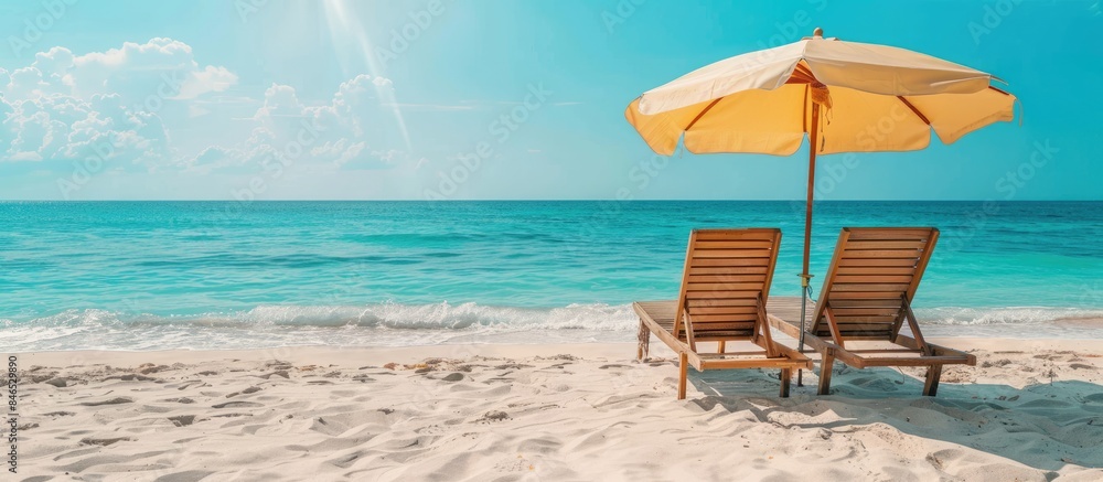 Obraz premium The Beauty of a Sandy Beach with Lounge Chairs by the Sea: Embracing the Essence of Summer Vacation in a Tropical Paradise