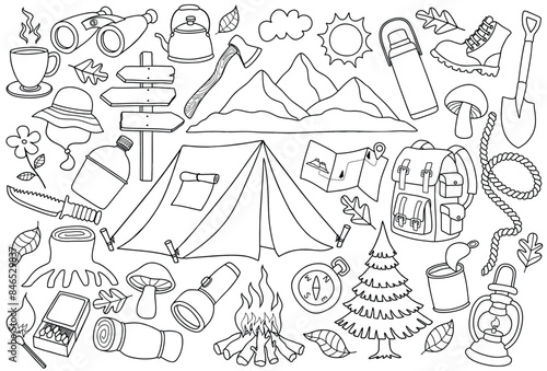 Cute hiking camping doodle set in drawing style.