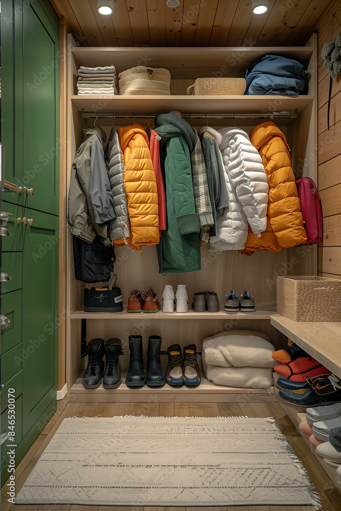 Wardrobe with hanging colorful clothes in modern apartment hallway. Wardrobe with hanging colorful clothes in modern apartment hallway.