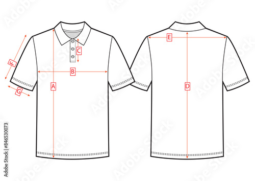 Mans polo size chart. Front and back views sketch