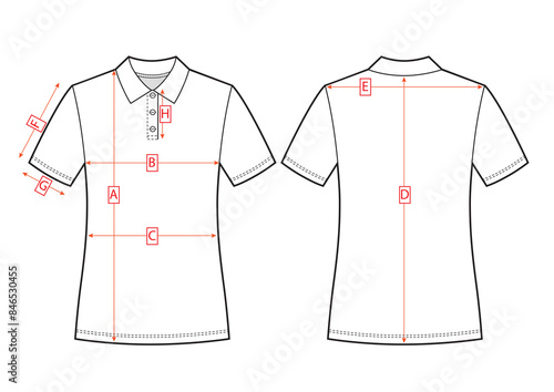 Womans polo size chart. Front and back views sketch