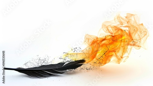 burning old quill and ink isolated on white background. voodoo concept