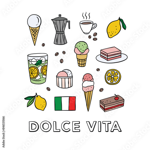 Italian desserts and ice cream illustrations. Hand drawn vector Italy food set. Gelato, coffee, cakes