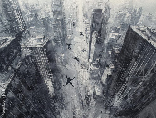 Explore a dystopian cityscape with towering skyscrapers