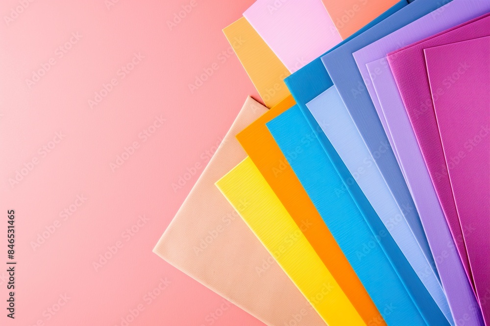 A colorful abstract background with pastel sheets of paper arranged in a fan shape on a pink background. A colorful abstract background with pastel sheets of paper arranged in a fan shape on a pink background.