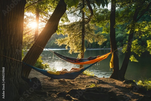Two people enjoy the warm evening in hammocks by a tranquil lake.