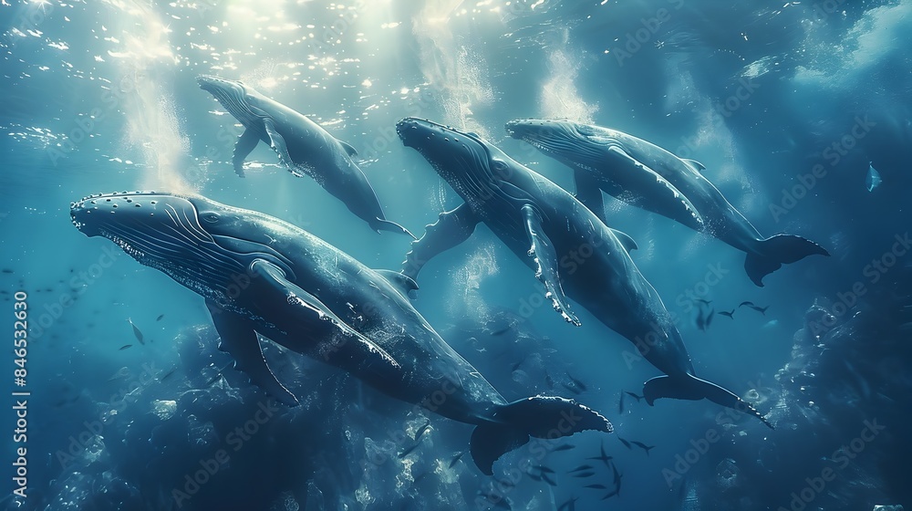 Fototapeta premium Majestic Pod of Graceful Humpback Whales Diving into Crystal Clear Ocean