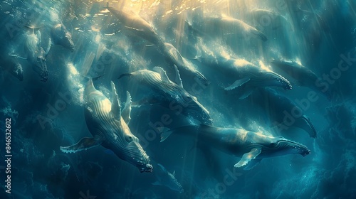 Graceful Humpback Whales Diving into Pristine Ocean in Stunning Digital Artwork © TEERAWAT