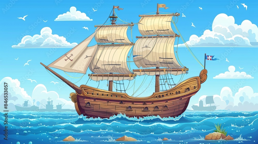Cartoon illustration of an ancient wooden pirate ship in vector format