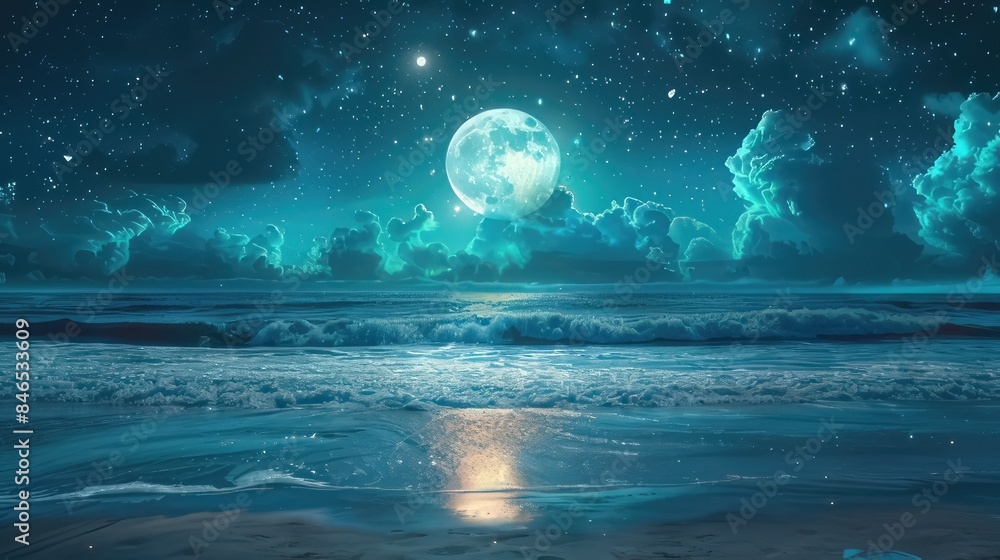 Stunning tropical beach with a starry night, full moon, and clouds in the sky. The sparkling turquoise water provides a romantic ocean view for a summer beach escape
Stunning tropical beach with a starry night, full moon, and clouds in the sky. The sparkling turquoise water provides a romantic ocean view for a summer beach escape