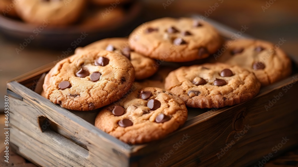 A wooden box filled with chocolate chip cookies A wooden box filled with chocolate chip cookies