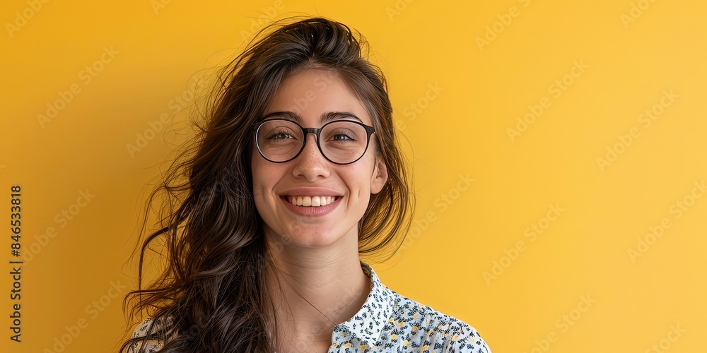 Portrait of a girl with brown hair and transparent glasses smiling on a yellow background, wallpaper. Portrait of a girl with brown hair and transparent glasses smiling on a yellow background, wallpaper.