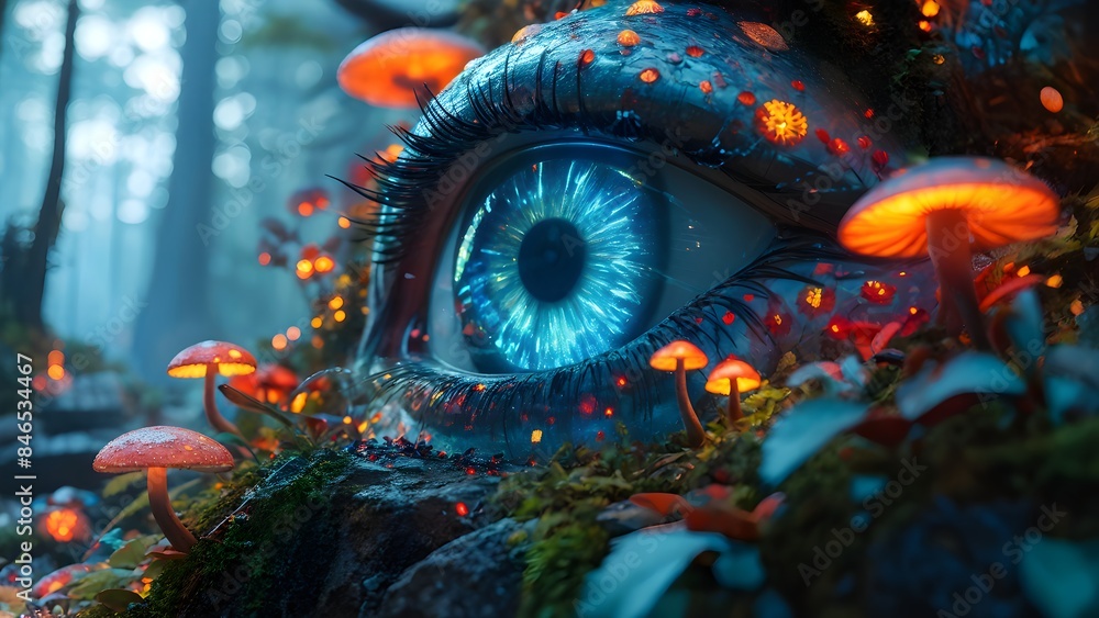 3D Eye as the Focal Point in an Electric Forest with Neon Mushrooms. Generative AI 3D Eye as the Focal Point in an Electric Forest with Neon Mushrooms. Generative AI
