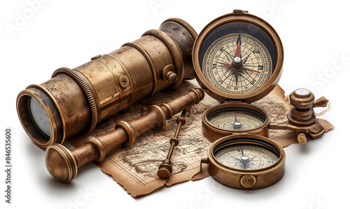 Compass and spyglass isolated on white background. Tourism and travel concept. Travel agency.