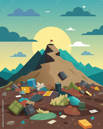 The once flat and barren expanse of the landfill had now transformed into a haphazard landscape of trash with mounds of garbage spilling over onto the surrounding areas.. Vector illustration