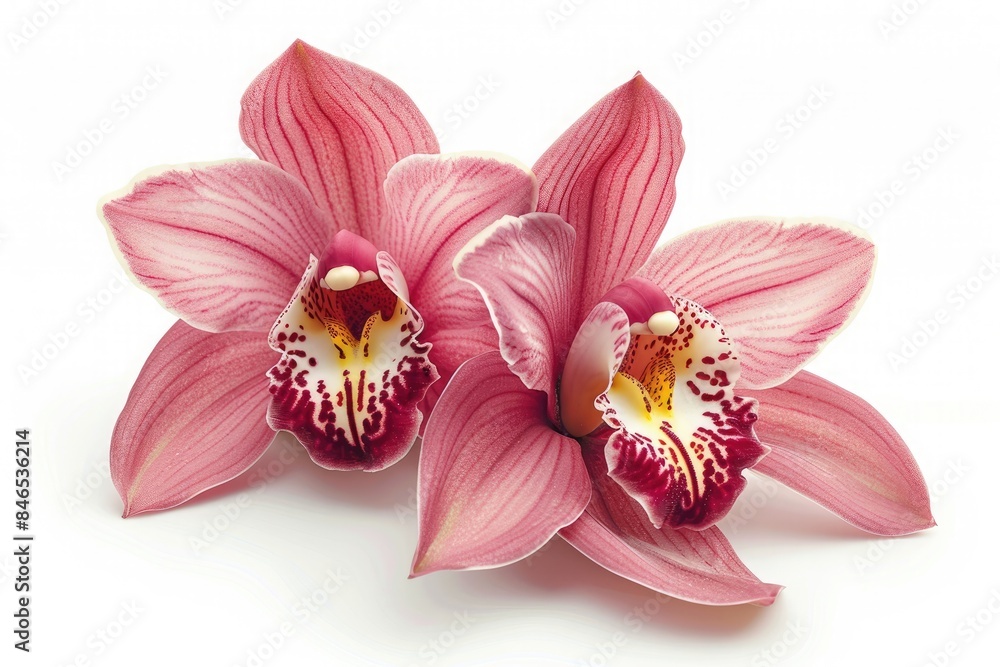 Obraz premium Two orchid blooms delicately intertwined against a solid white background