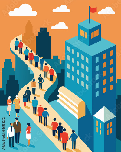 Endless lines at government offices hospitals and schools as the citys infrastructure struggles to cope with the growing population.. Vector illustration