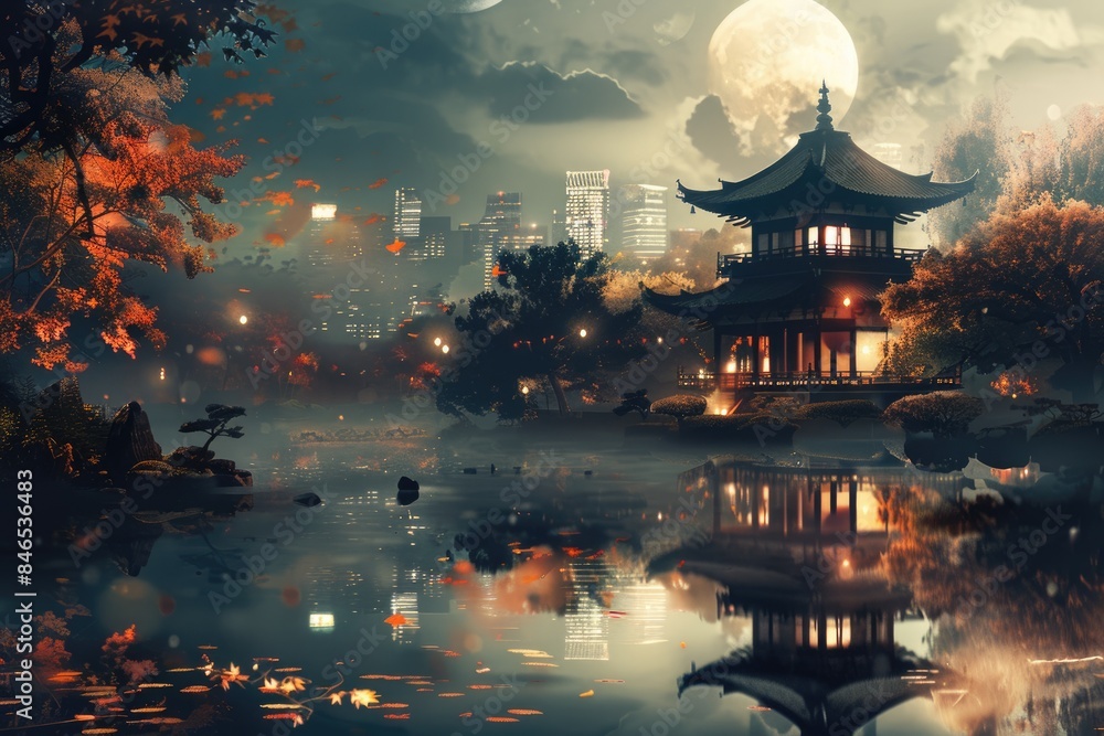Obraz premium At night, pagodas and pavilions in the city, illustrations