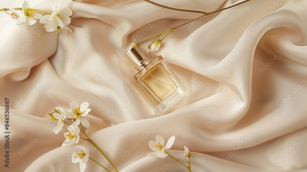 A perfume bottle on a beige fabric A perfume bottle on a beige fabric