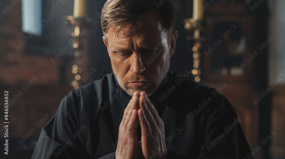 Alone, in the shadow of the altar, a Catholic priest with a deep expression of emotion and hope on his face prays fervently for forgiveness and peace. Alone, in the shadow of the altar, a Catholic priest with a deep expression of emotion and hope on his face prays fervently for forgiveness and peace.