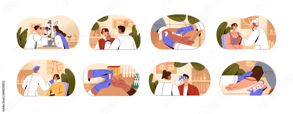 Fototapeta premium Doctors take tests set. Medics do analysis in laboratory. Nurse measures blood pressure, temperature. Ophthalmologist checkup vision of patient. Flat isolated vector illustrations on white background
