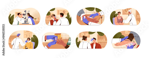 Doctors take tests set. Medics do analysis in laboratory. Nurse measures blood pressure, temperature. Ophthalmologist checkup vision of patient. Flat isolated vector illustrations on white background